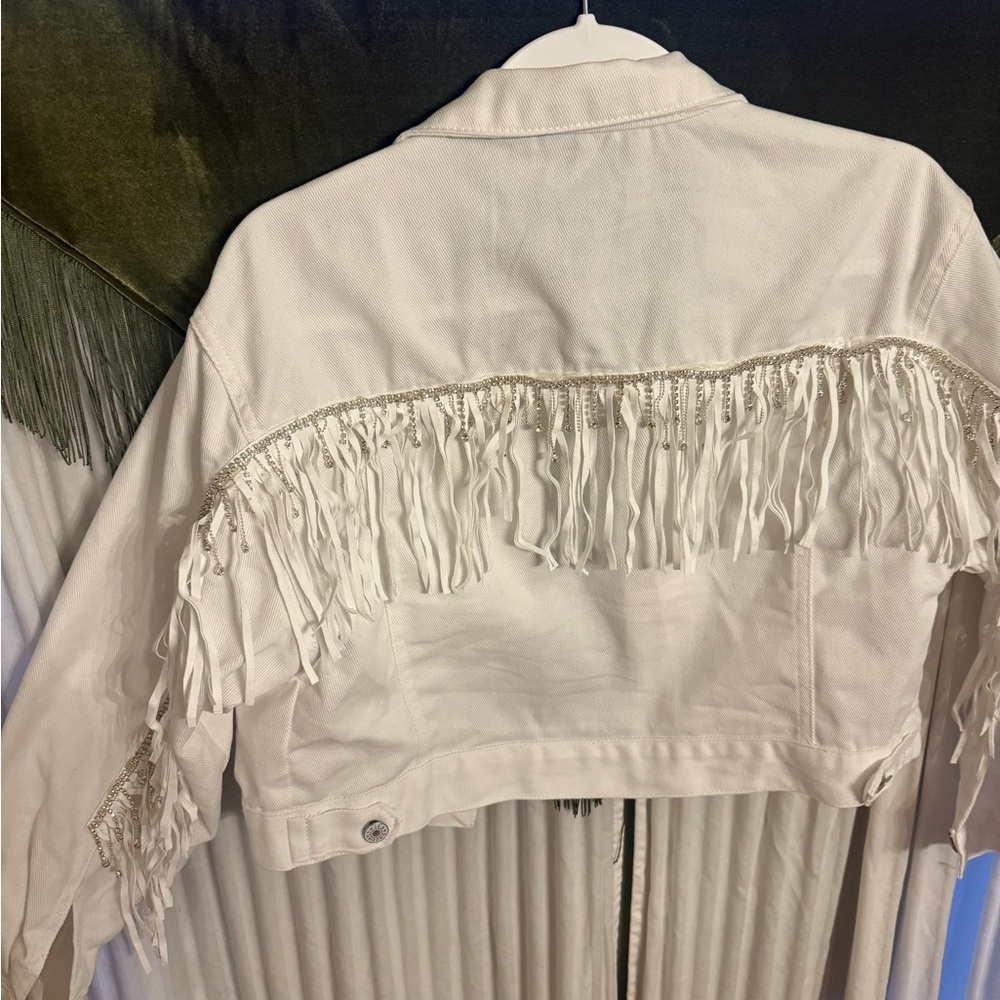 White Cropped Fringe Jean Jacket